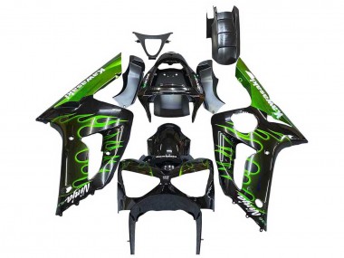 Carenados Moto Kawasaki ZX6R 2003-2004 - Negro Brillante Verde Llama