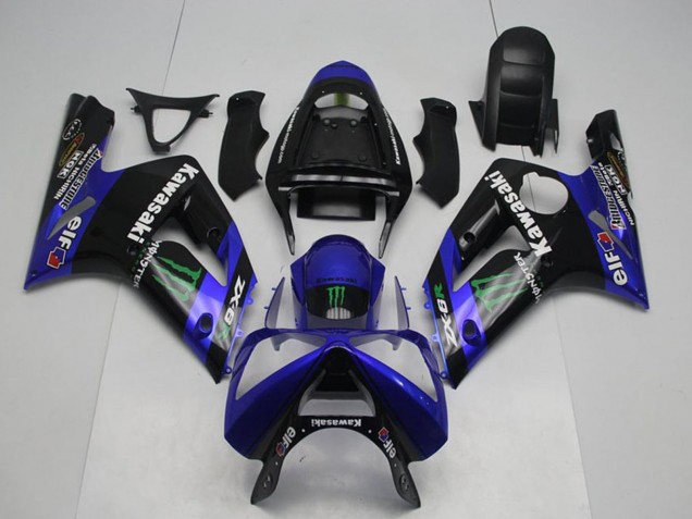 Carenados Moto Kawasaki ZX6R 2003-2004 - Negro Brillante Azul Verde Monstruo