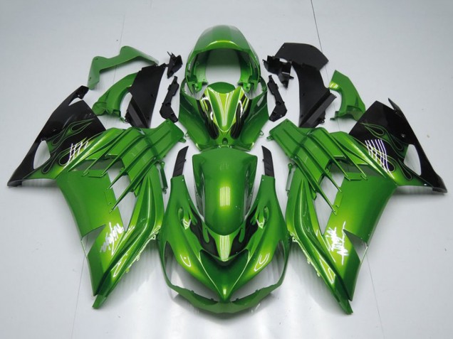 Carenados Moto Kawasaki ZX14R ZZR1400 2012-2024 - Verde Negro Brillante Llama Blanco Ninja