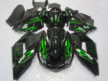 Carenados Moto Kawasaki ZX14R ZZR1400 2006-2011 - Negro Brillante Verde Llama